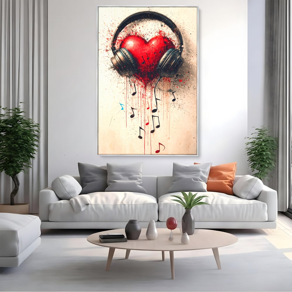 Tablou canvas cu tablou canvas cu inima rosie si casti audio, in rama de aluminiu argintiu, pe perete intr-un living